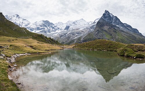 Lake Arpitetta with the Besso and Moming glacier in the background, Anniviers, Switzerland.